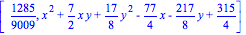 [1285/9009, x^2+7/2*x*y+17/8*y^2-77/4*x-217/8*y+315/4]